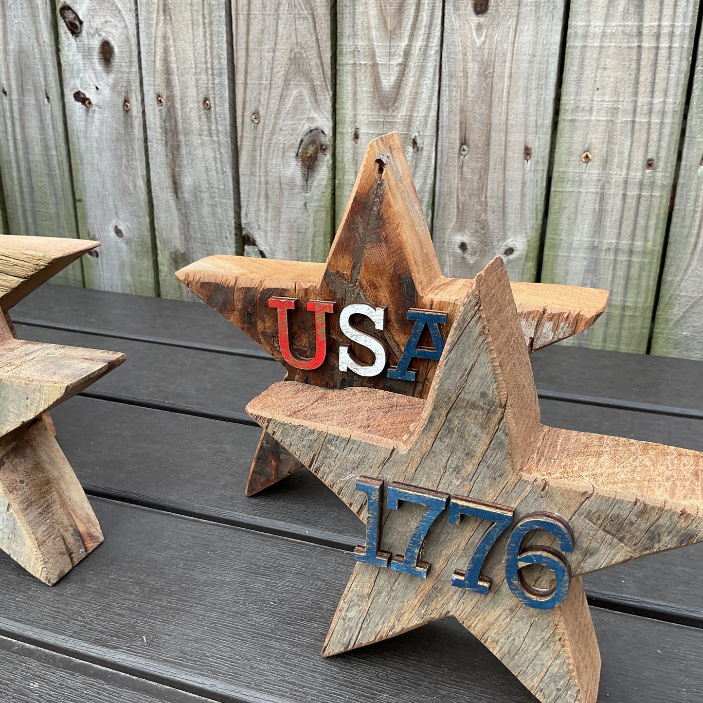 AGSD Patriotic Decor - July 4th Rustic Neutral Chunky Wood Star Sitters 4pc