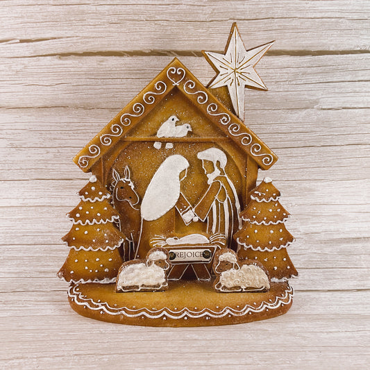 AGSD Christmas Decor - Rejoice Gingerbread Nativity Holy Family Stable Figurine