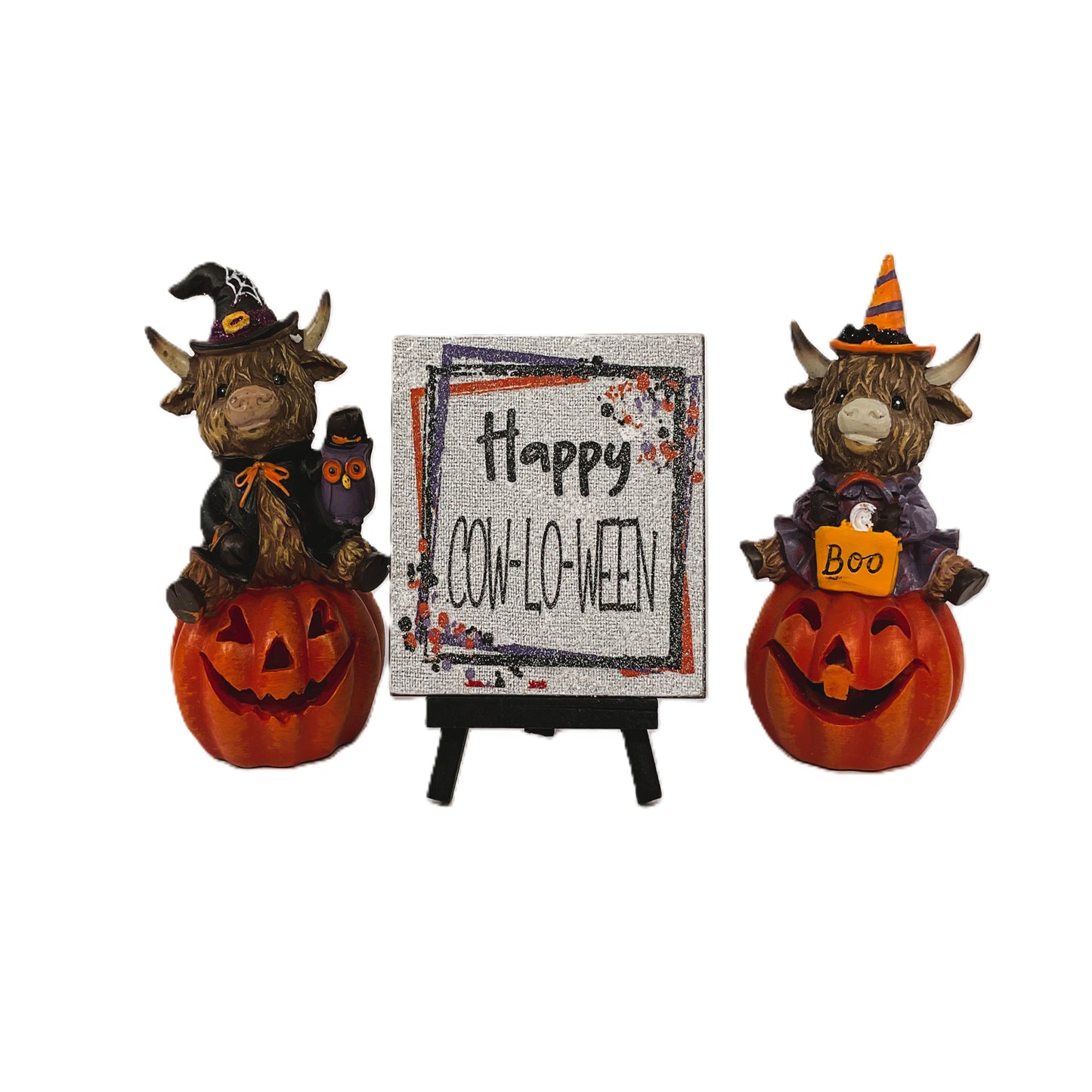 AGSD Halloween Decor - LED Resin Highland Cow Figurines & Sign 3pc Set