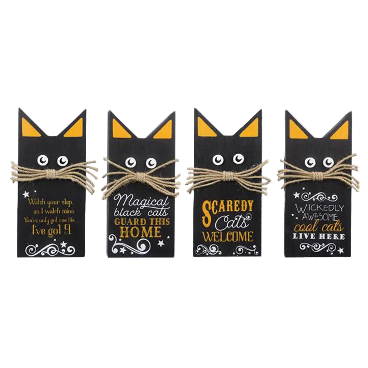 Youngs Halloween Decor - Prim Black Cats Chunky Wood 4pc Sitters