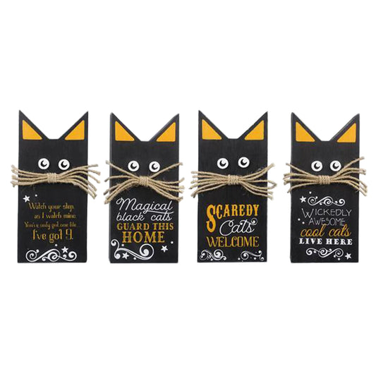 Youngs Halloween Decor - Prim Black Cats Chunky Wood 4pc Sitters