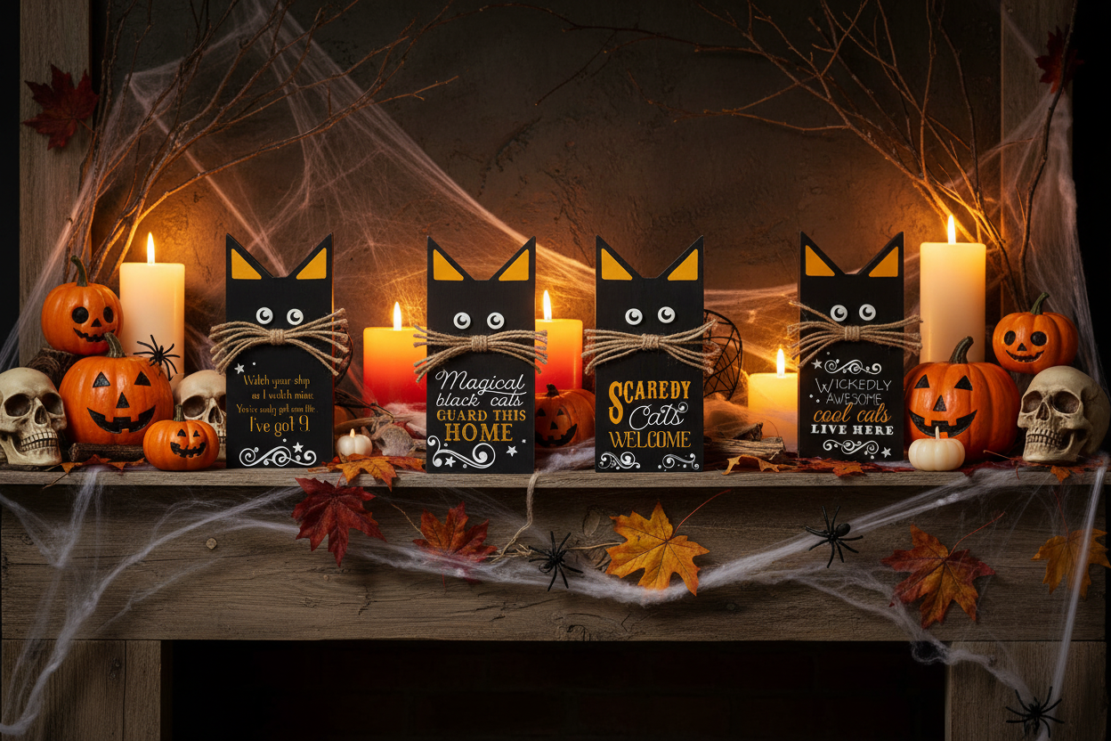 Youngs Halloween Decor - Prim Black Cats Chunky Wood 4pc Sitters