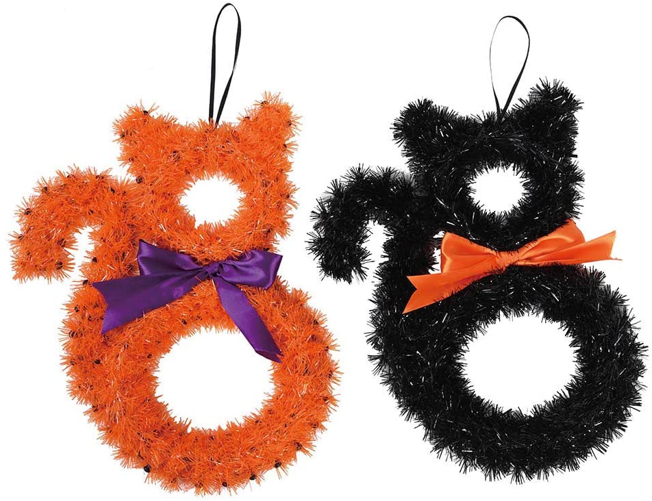 FLOMO Halloween Decor - Small Orange and Black Cat Tinsel Form 9 x 12inch 2pc