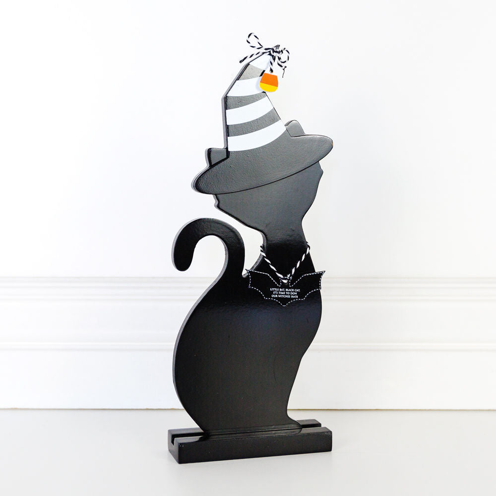 Adams & Co. Halloween Decor - Black White Gloss Witch Hat Wood Sitter