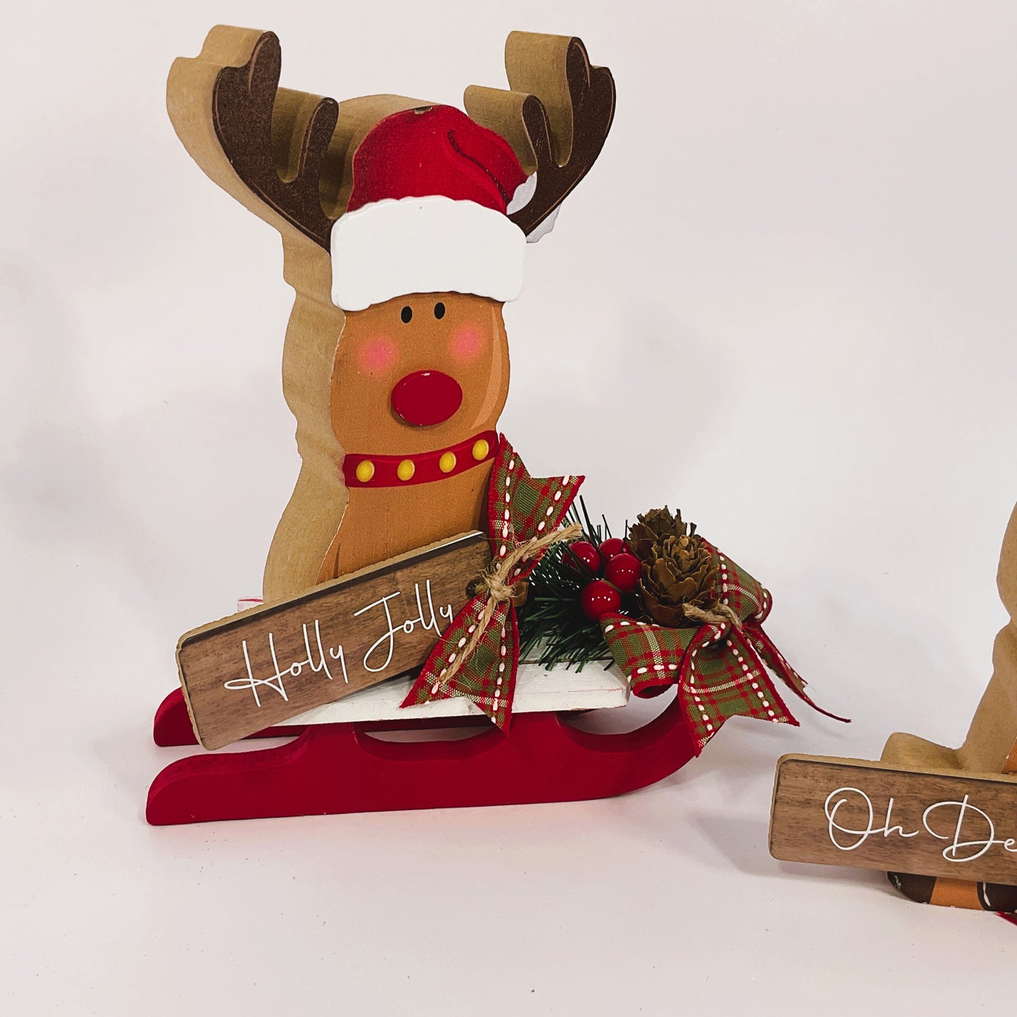 AGSD Christmas Decor -Chunky Wood Oh Deer Reindeer and Sleds 2pc