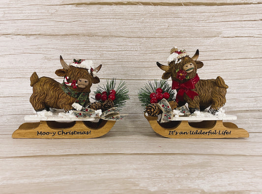 AGSD Christmas Decor - Resin Playful Highland Cows and Sleds 2pc