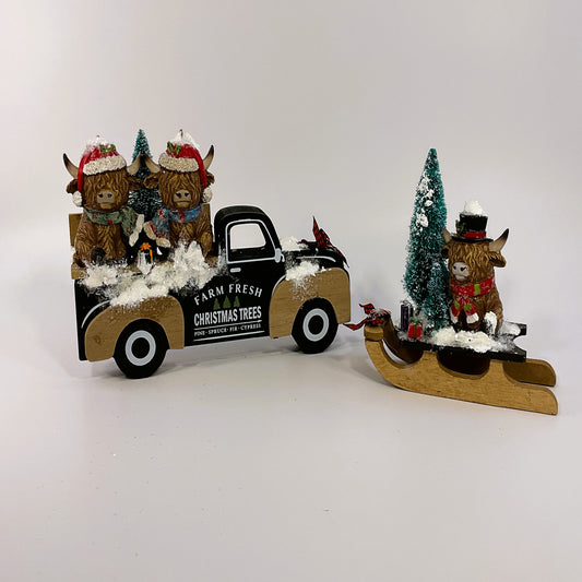 AGSD Christmas Decor - Highland Cow Figurine Vintage Truck Sled Decor 2pc Set
