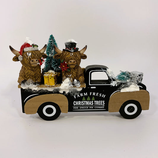 AGSD Christmas Decor - Highland Coo Cow Vintage Truck Figurine Decor