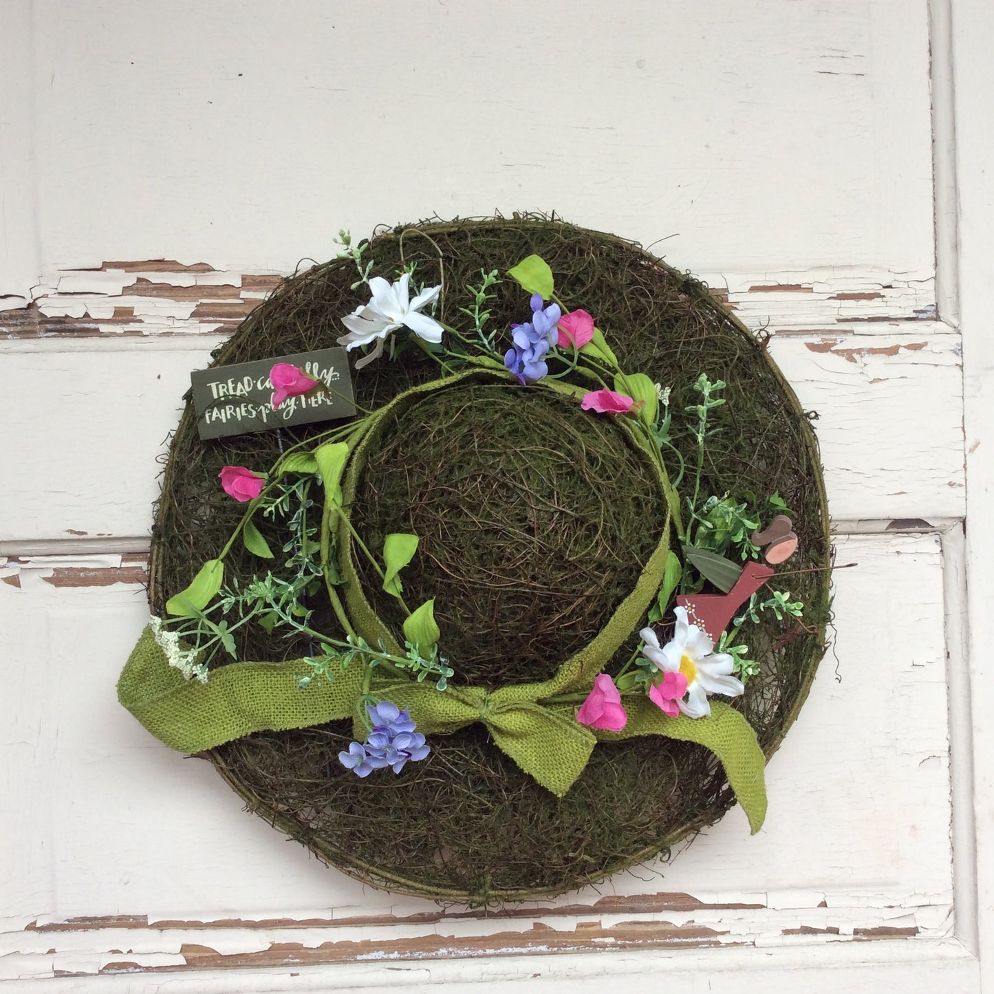 AGD Spring Decor -Fairies Play Here Grapevine Twig Flower Bonnet Hat Wreath