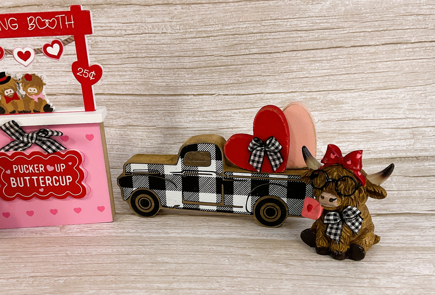 AGSD Valentines Decor - Highland Cow Figurine Booth Truck Tier Tray 4pc Set