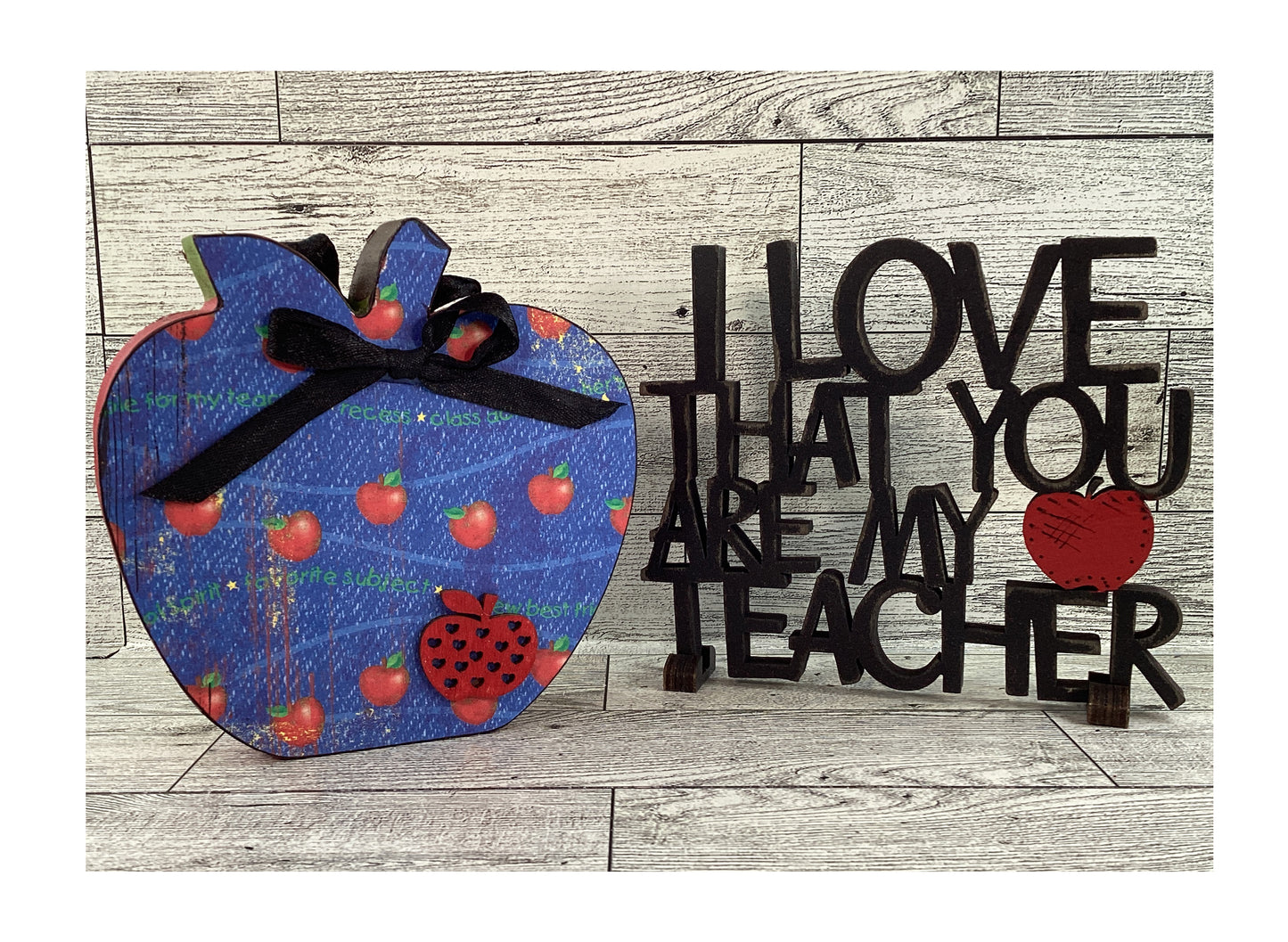 AGSD Teacher Gift Decor - Love My Teacher Sign Chunky Wood Apple 2pc Set