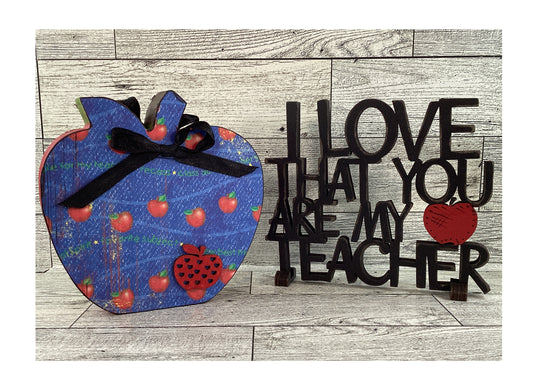 AGSD Teacher Gift Decor - Love My Teacher Sign Chunky Wood Apple 2pc Set