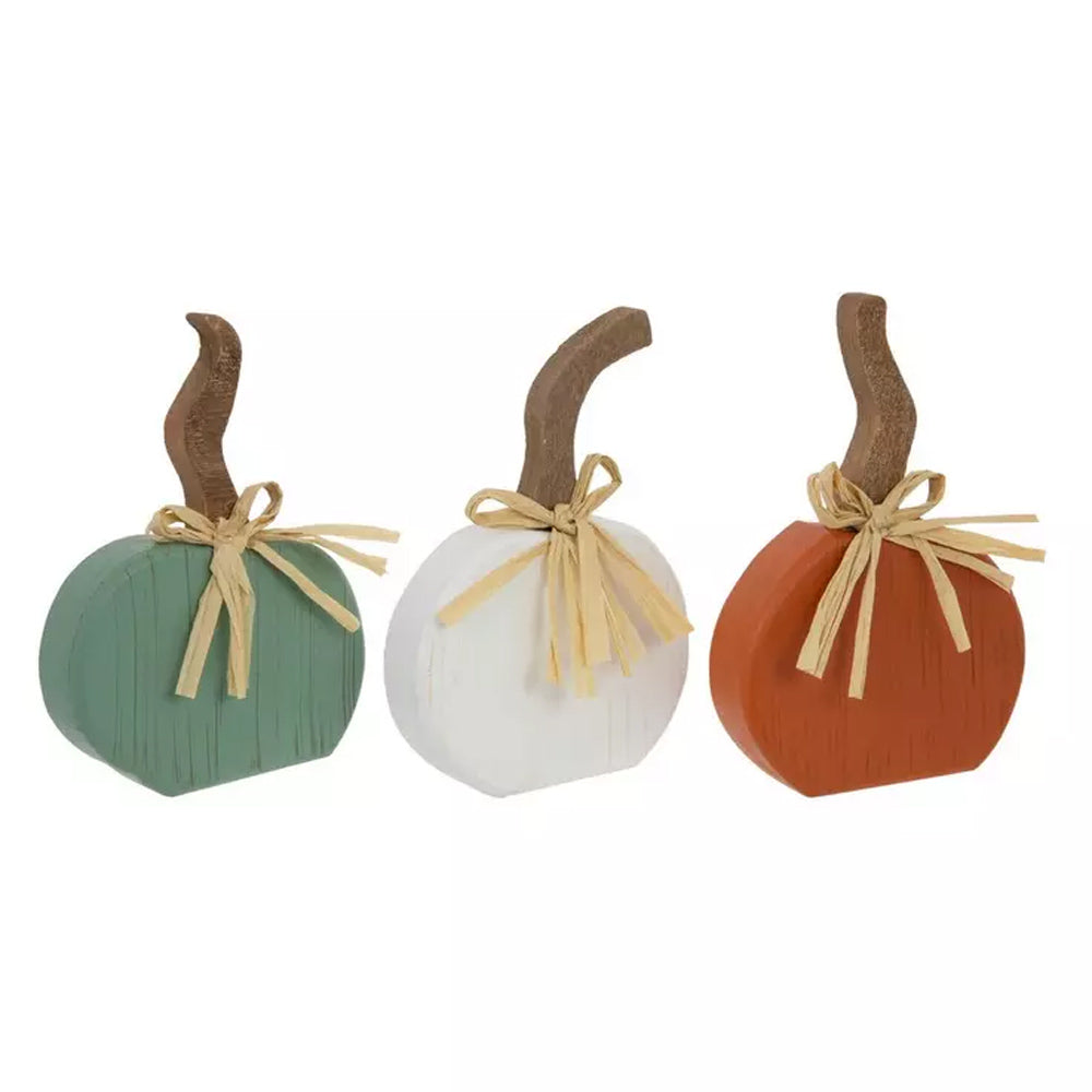 Fall Decor - Wood Teal Orange White Farmhouse Whimsy Pumpkins 3pc