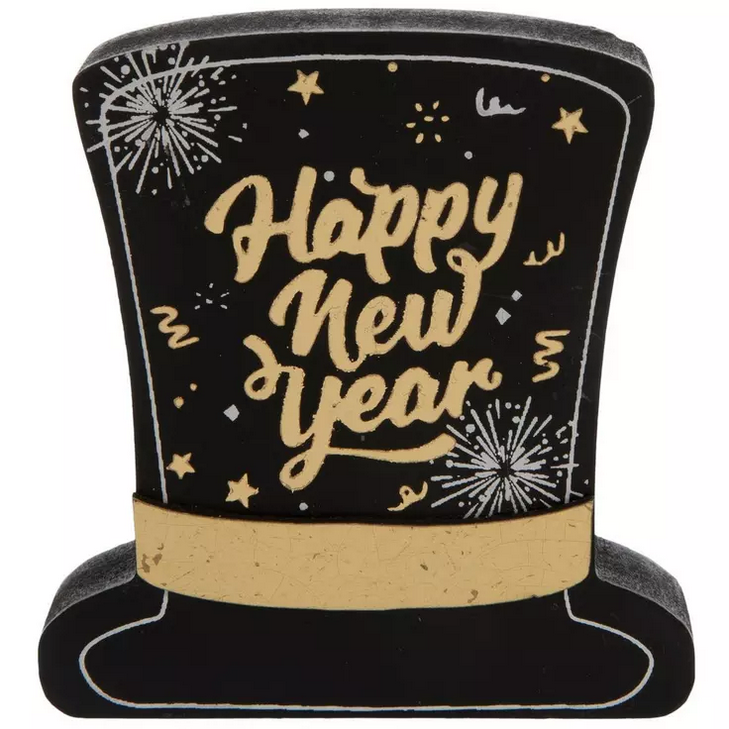 HL New Year's Eve Decor - New Beginning Top Hat Clock Wood Sitters 3pc