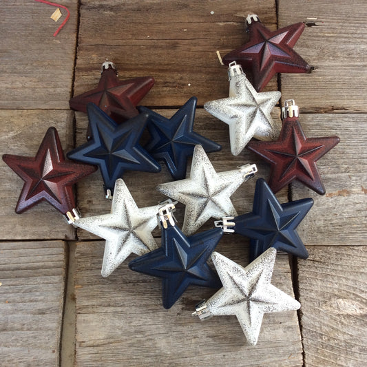 HL Patriotic Decor - Red White Blue Primitive Plastic Ornaments 12pc.