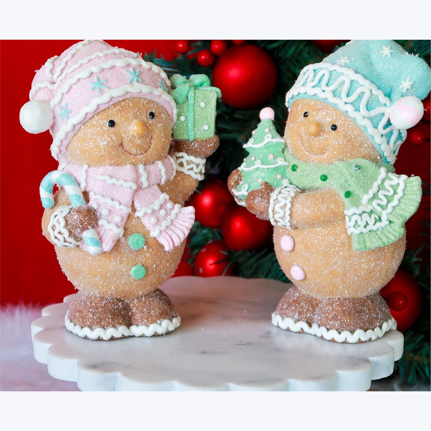 YI Christmas Decor - Lg Pastel Gingerbread Boy Girl Snowman 2pc Set