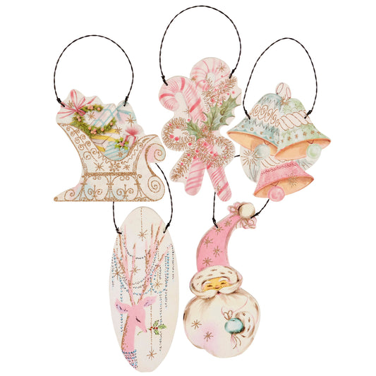 PBK Christmas Decor -Retro Pastel Glitter Ornaments 5pc Set