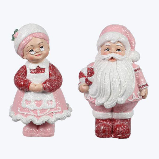 YI Christmas Decor - Pink Pastel Mr Mrs Santa Claus Resin Figurine 2pc