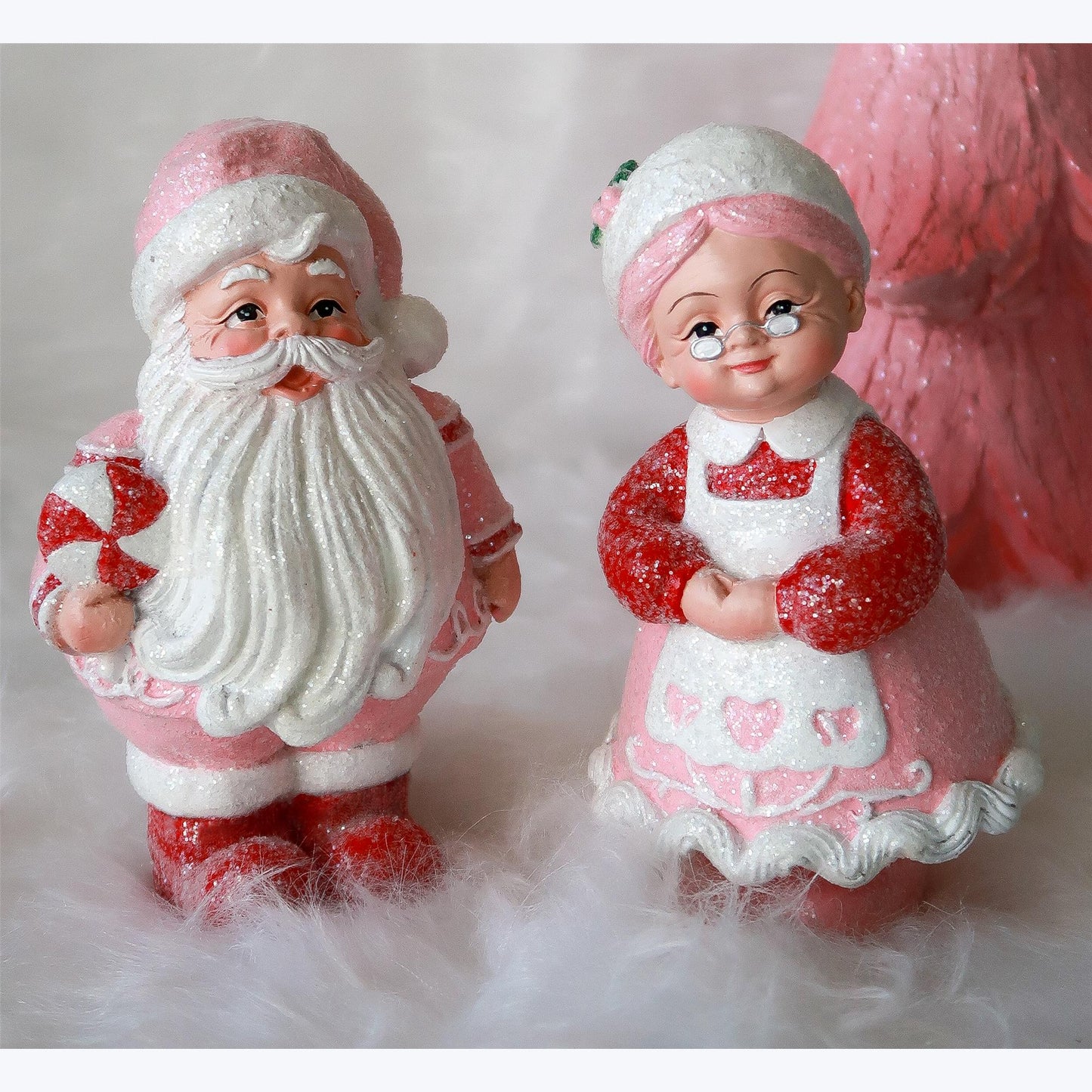 YI Christmas Decor - Pink Pastel Mr Mrs Santa Claus Resin Figurine 2pc