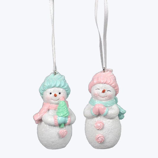 YI Christmas Decor - Pastel Pink Blue Snowman Ornaments 2pc Set