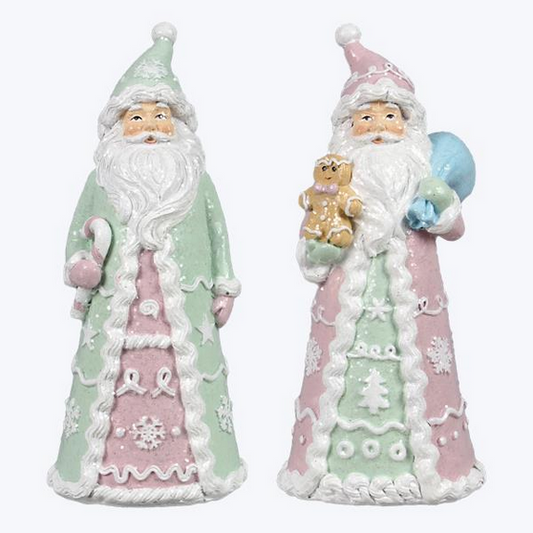 YI Christmas Decor - Gingerbread Pastel Green Pink Santa Resin Figurines 2pc Set #95770