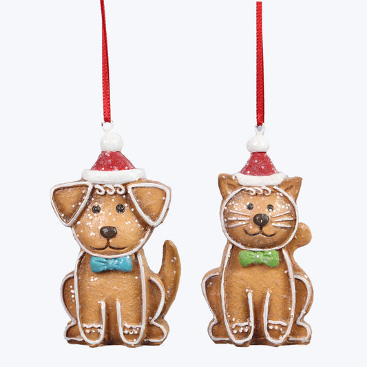 YI Christmas Decor - Whimsy Dog Cat Gingerbread Cookie Ornaments 2pc