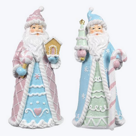 YI Christmas Decor - Gingerbread Pastel Pink Blue Santa Resin Figurines 2pc Set #95776