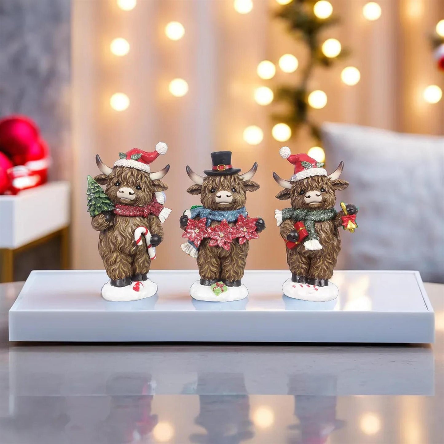 YI Christmas Decor - Standing Highland Cows Resin Tabletop Figurines 3pc
