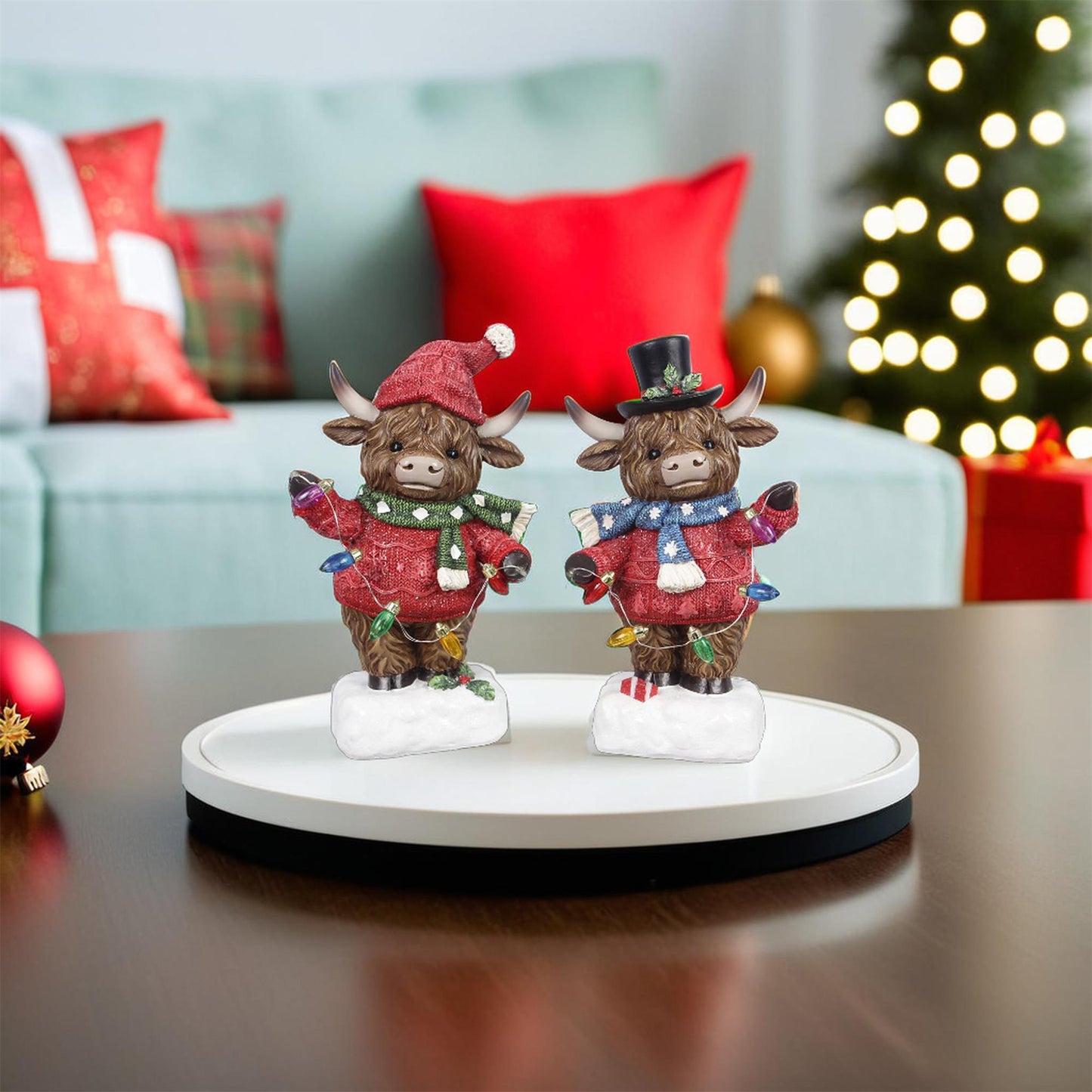 YI Christmas Decor - Standing Highland Cows LED Resin Tabletop Figurines 2p