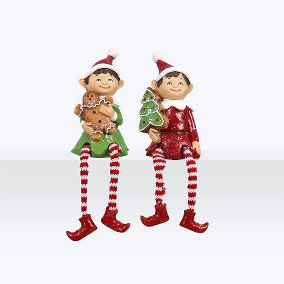 YI Christmas Decor - Gingerbread Elf Dangle Legs Sitter Figurines 2pc