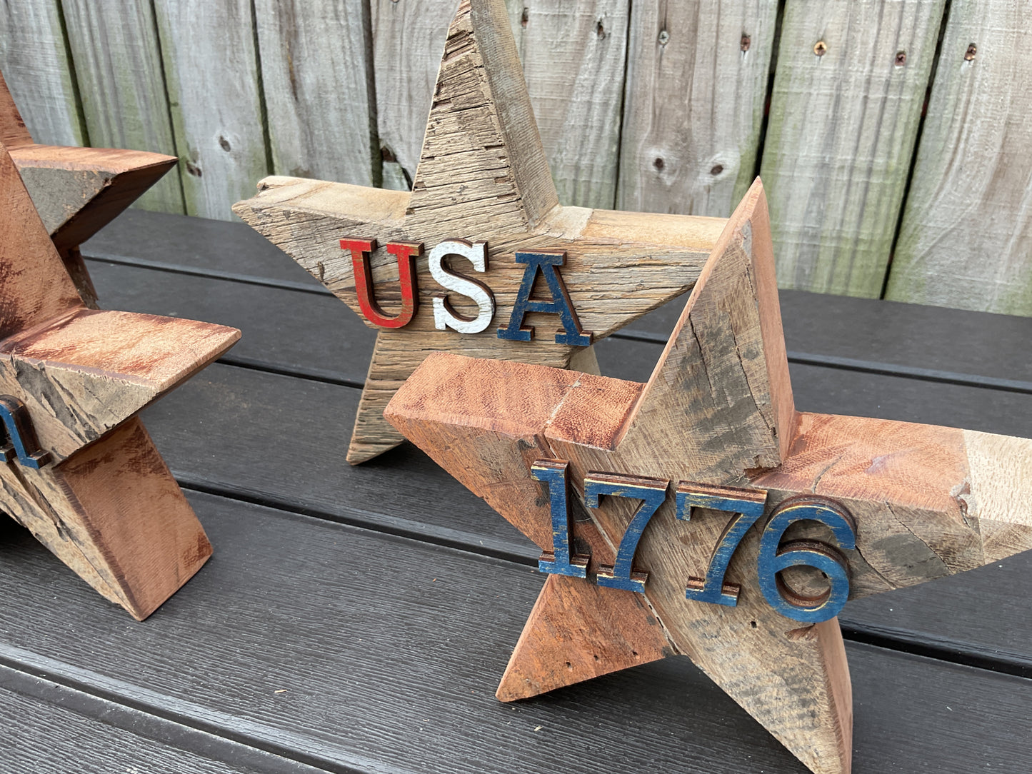 AGSD Patriotic Decor - July 4th Rustic Neutral Chunky Wood Star Sitters 4pc
