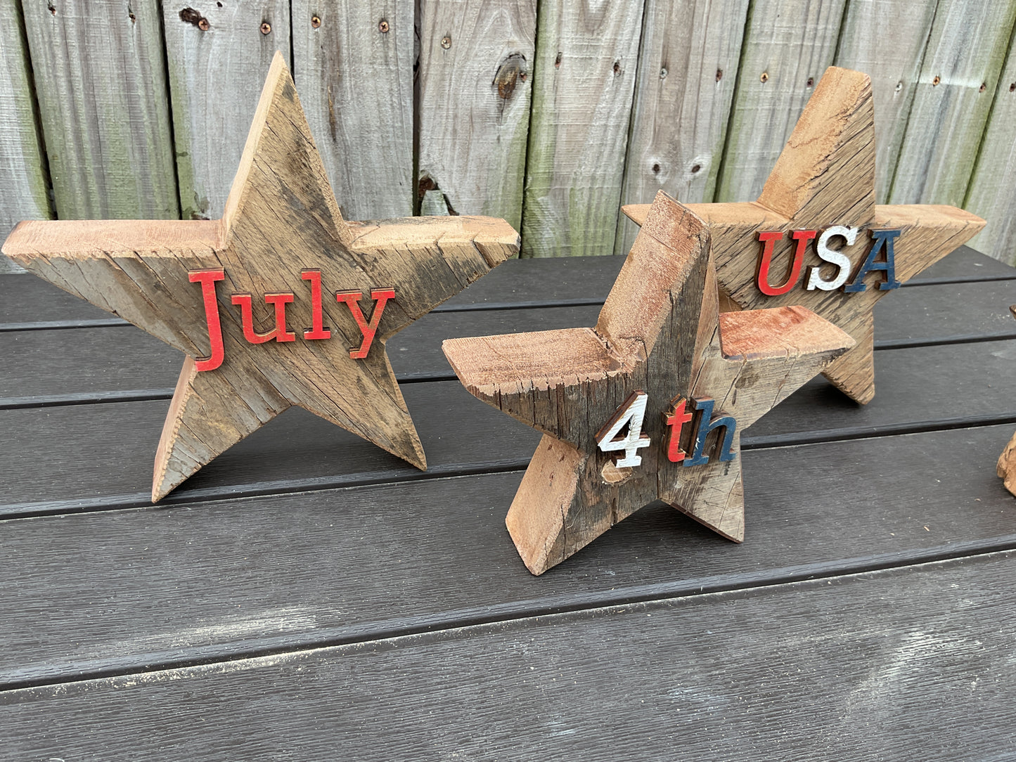 AGSD Patriotic Decor - July 4th Rustic Neutral Chunky Wood Star Sitters 4pc