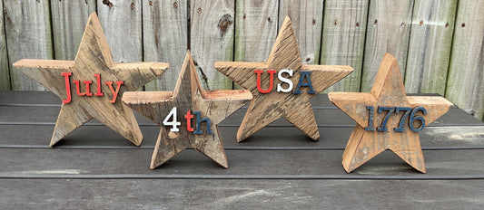 AGSD Patriotic Decor - Rustic Neutral Chunky Reclaimed Wood Star Sitters 4-Piece Set