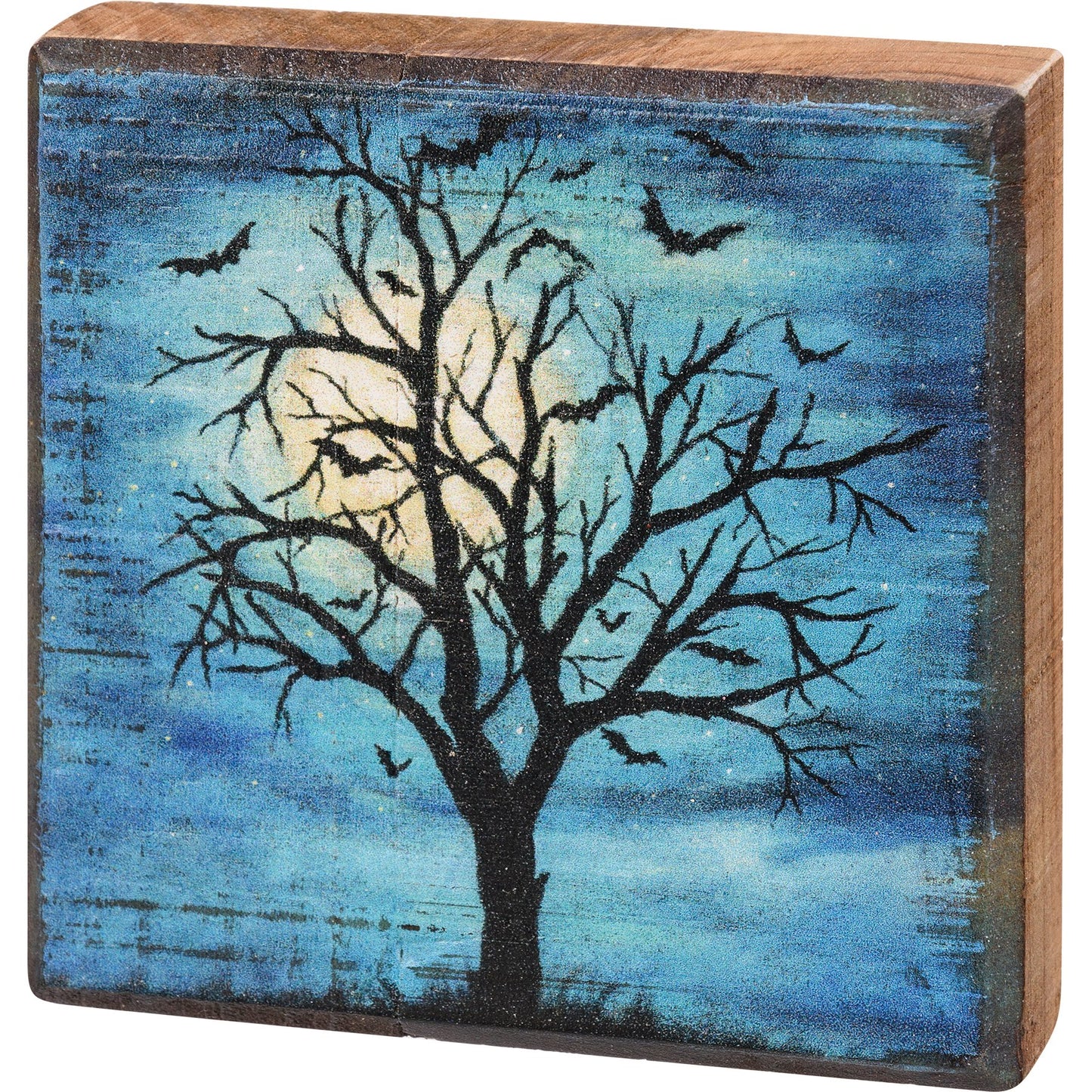 PBK Halloween Decor - Midnight Haunted Tree Bats Block Sign