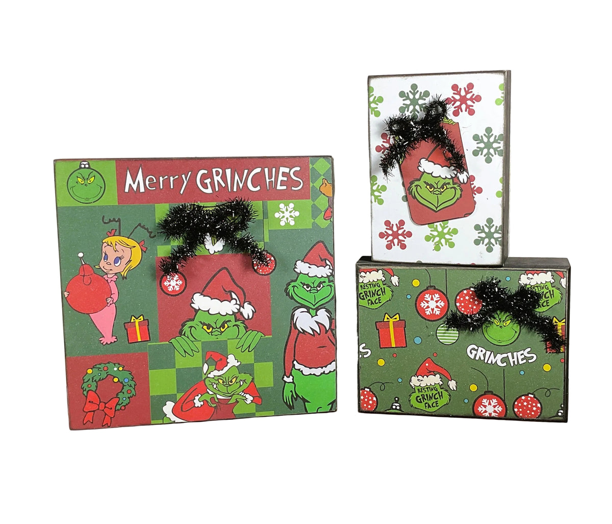 AGSD Christmas Decor - Whimsy Green Monster Wood Gift Box Signs 3pc