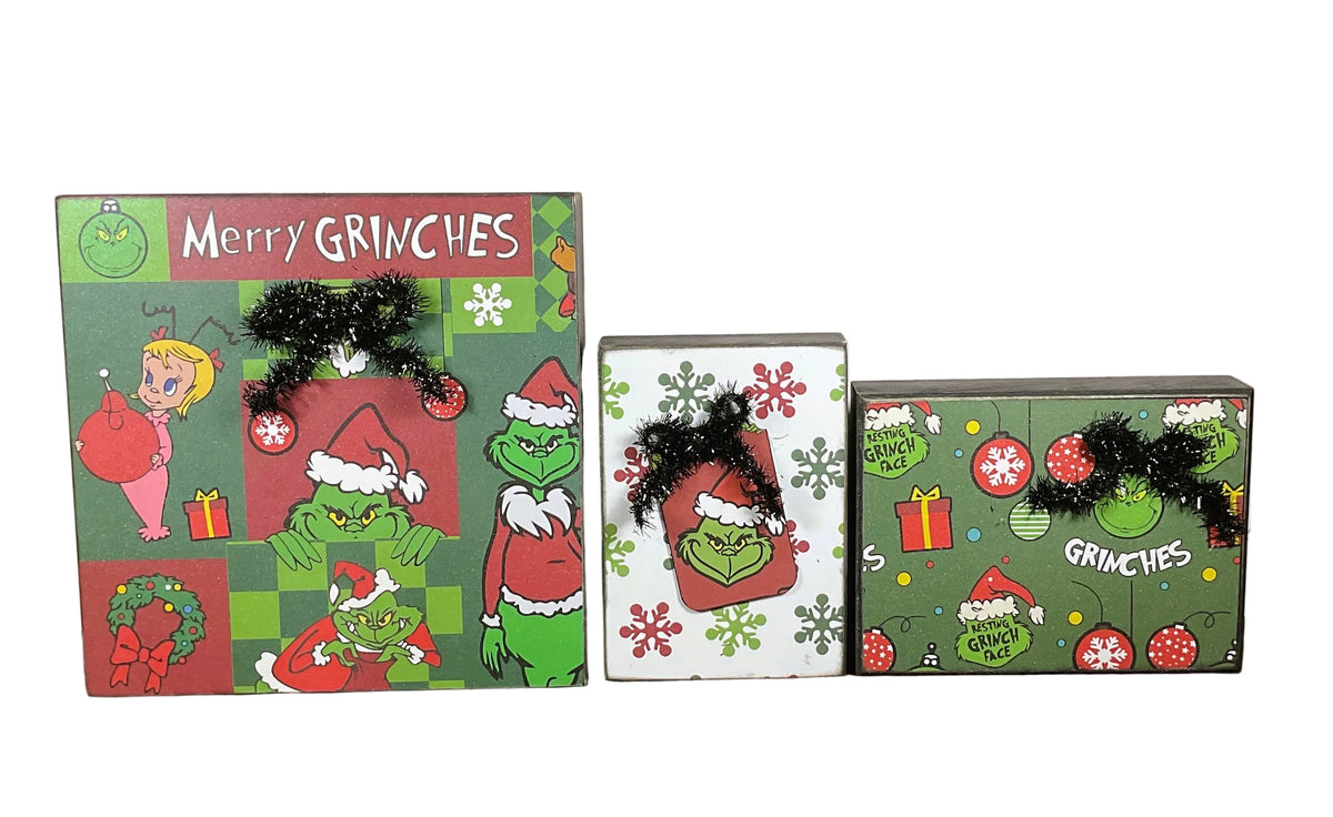 AGSD Christmas Decor - Whimsy Green Monster Wood Gift Box Signs 3pc