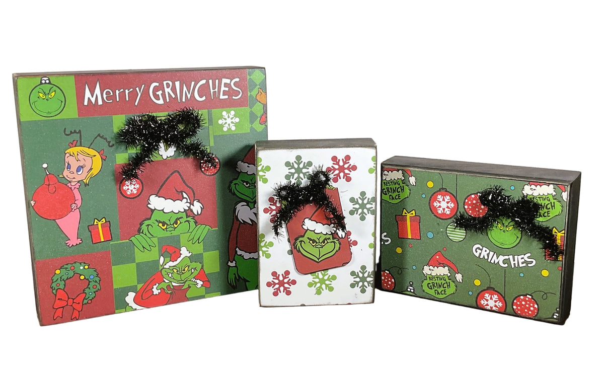 AGSD Christmas Decor - Whimsy Green Monster Wood Gift Box Signs 3pc
