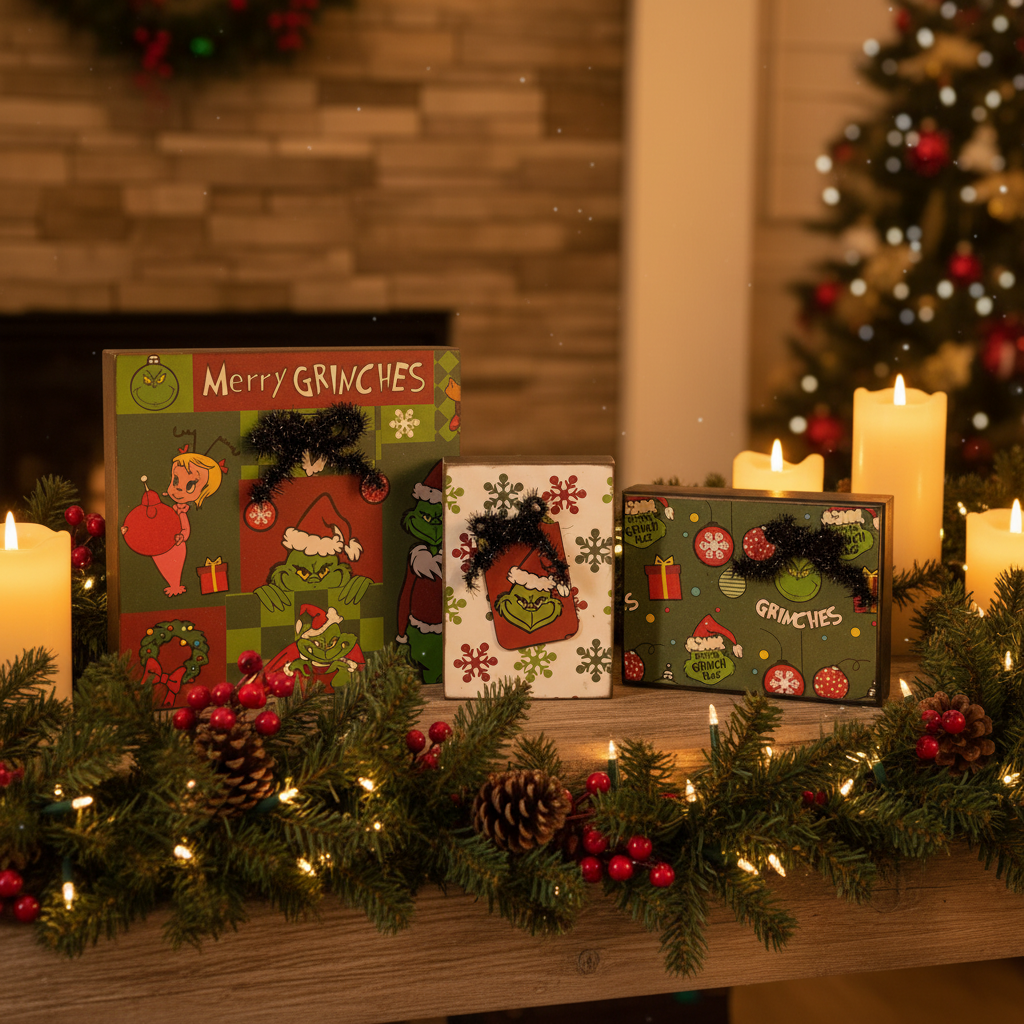 AGSD Christmas Decor - Whimsy Green Monster Wood Gift Box Signs 3pc