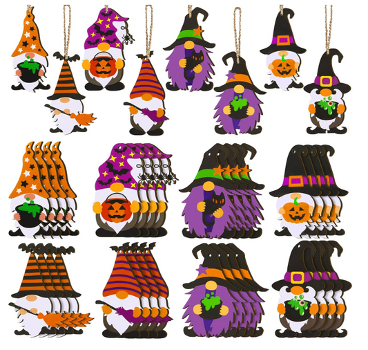 Halloween Decor - Colorful Wood Gnome Ornaments Tags 40pc