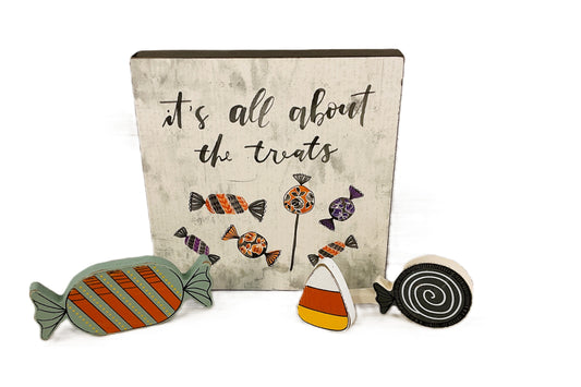 Adams PBK Decor Halloween - Chunky Candy Corn Wood Sitters Treats Sign 4pc Set