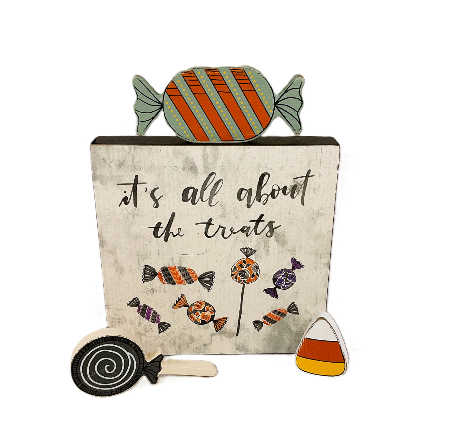 Adams PBK Decor Halloween - Chunky Candy Corn Wood Sitters Treats Sign 4pc Set