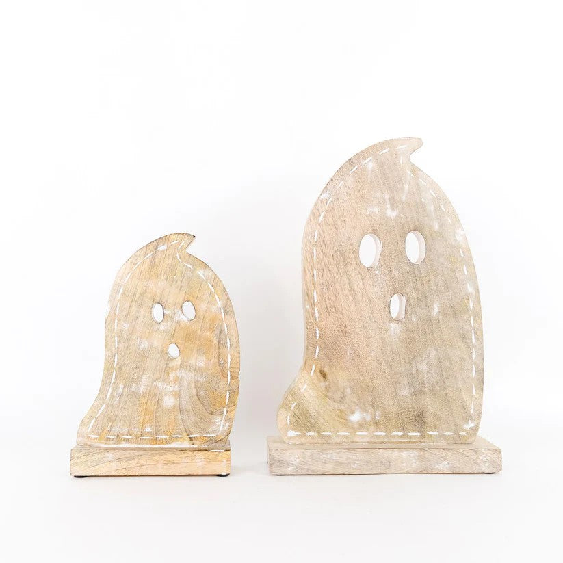 Adams & Co Halloween Decor - Large Natural Mango Wood Reversible Ghosts 2pc