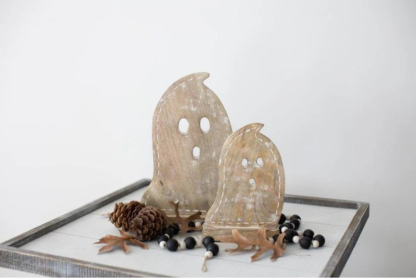 Adams & Co Halloween Decor - Large Natural Mango Wood Reversible Ghosts 2pc