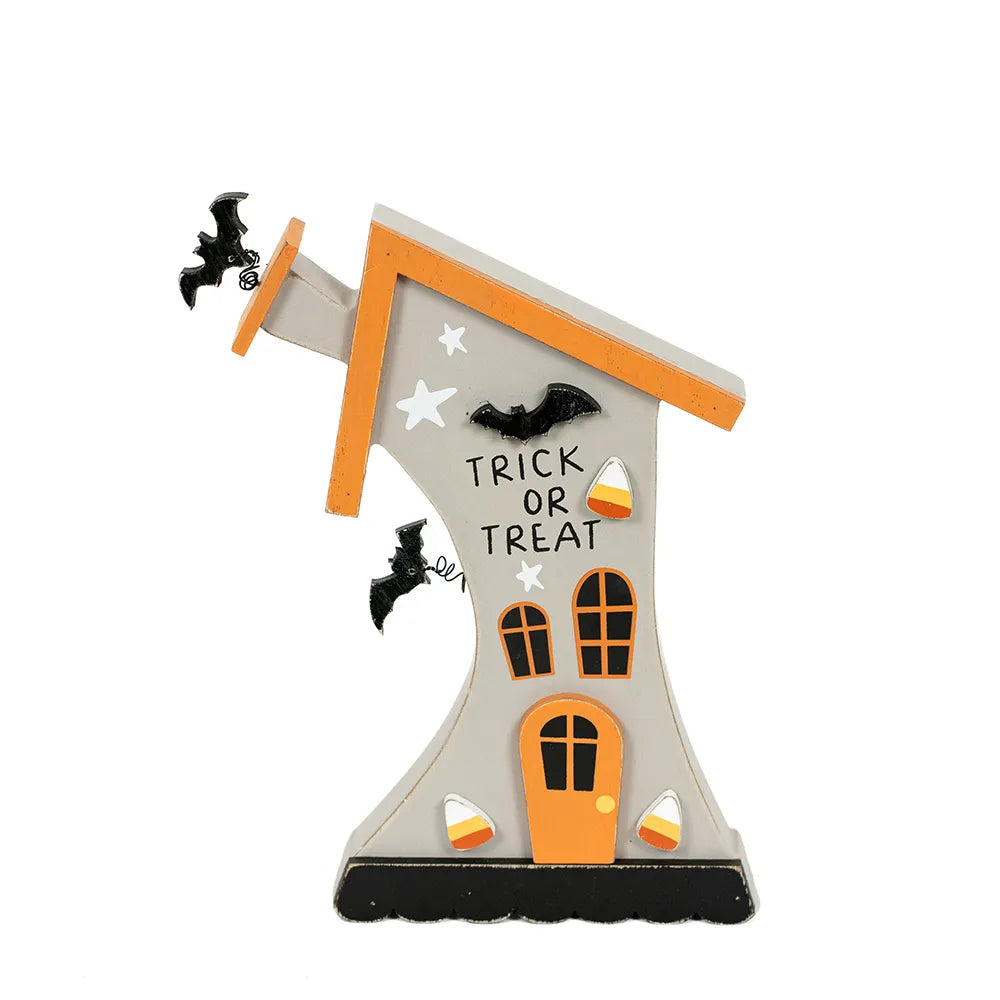 Adams & Co. Halloween Decor - Whimsy Trick Treat Haunted House Wood Sitter