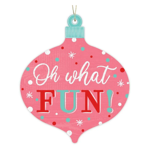 CO Christmas Decor - Retro Pink Oh What Fun MDF Wood Door Wreath Sign 12-inch