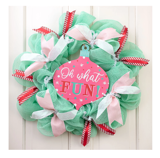 CO Christmas Decor - Retro Pink Oh What Fun MDF Wood Door Wreath Sign 12-inch