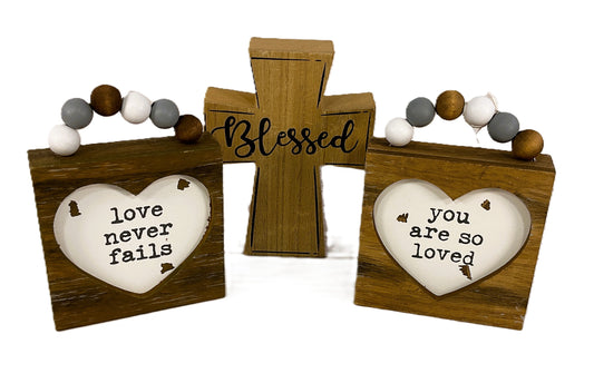 CP Easter Home Decor - Love Never Fails Loved Blessed Cross 3pc Bundle Set