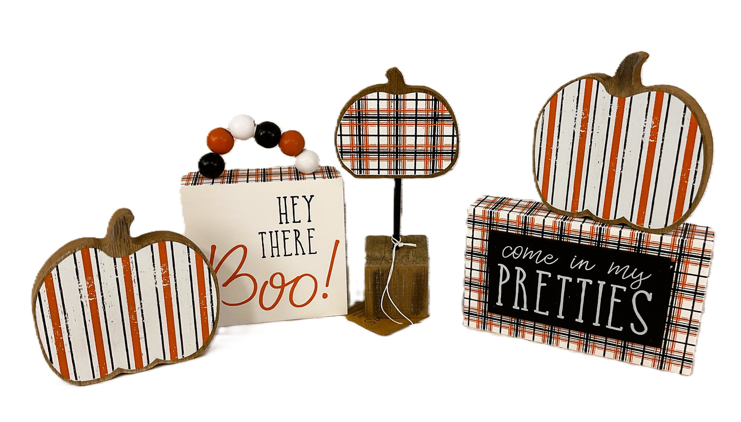 CP Halloween Decor - Orange Black Stripe Plaid Tier Tray 5pc Bundle Set