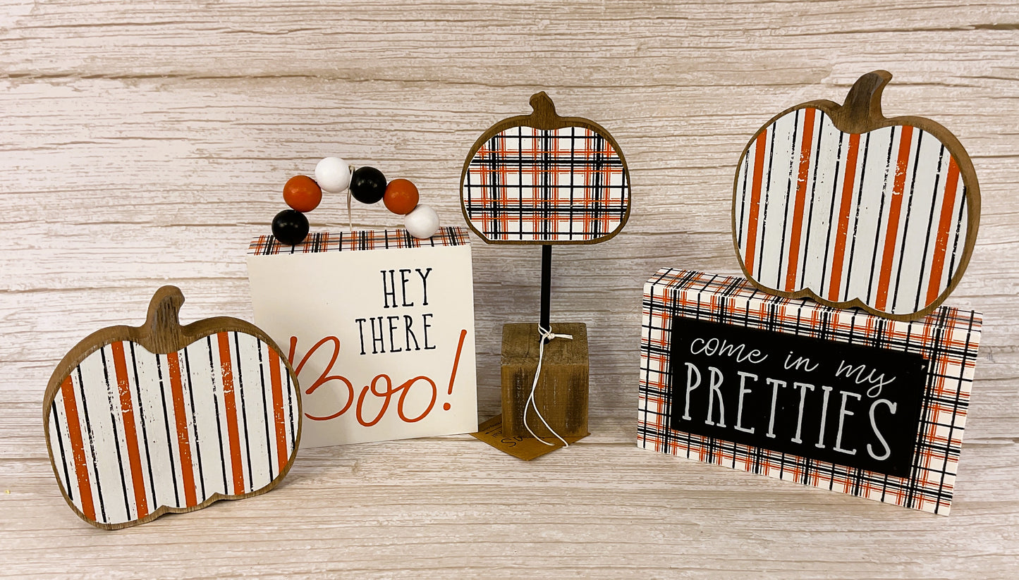 CP Halloween Decor - Orange Black Stripe Plaid Tier Tray 5pc Bundle Set