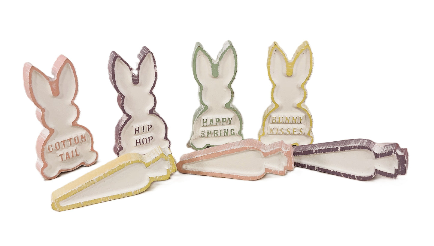 CP Easter Decor - Small Carved Wood Pastel Carrots & Bunny Rabbits 7pc Set
